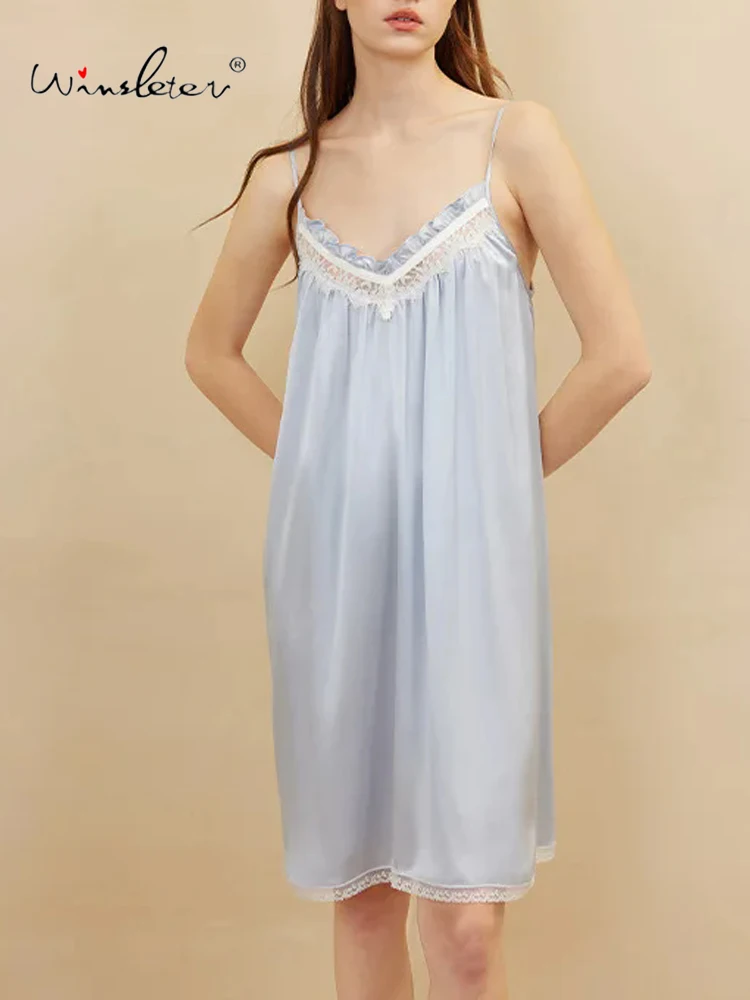 

Winsleter,Women Lace Splicing Camisole,Casual Backless Nightwear,19MM 100%Real Silk Sexy Pajama Dress,2024 Summer P435117QC