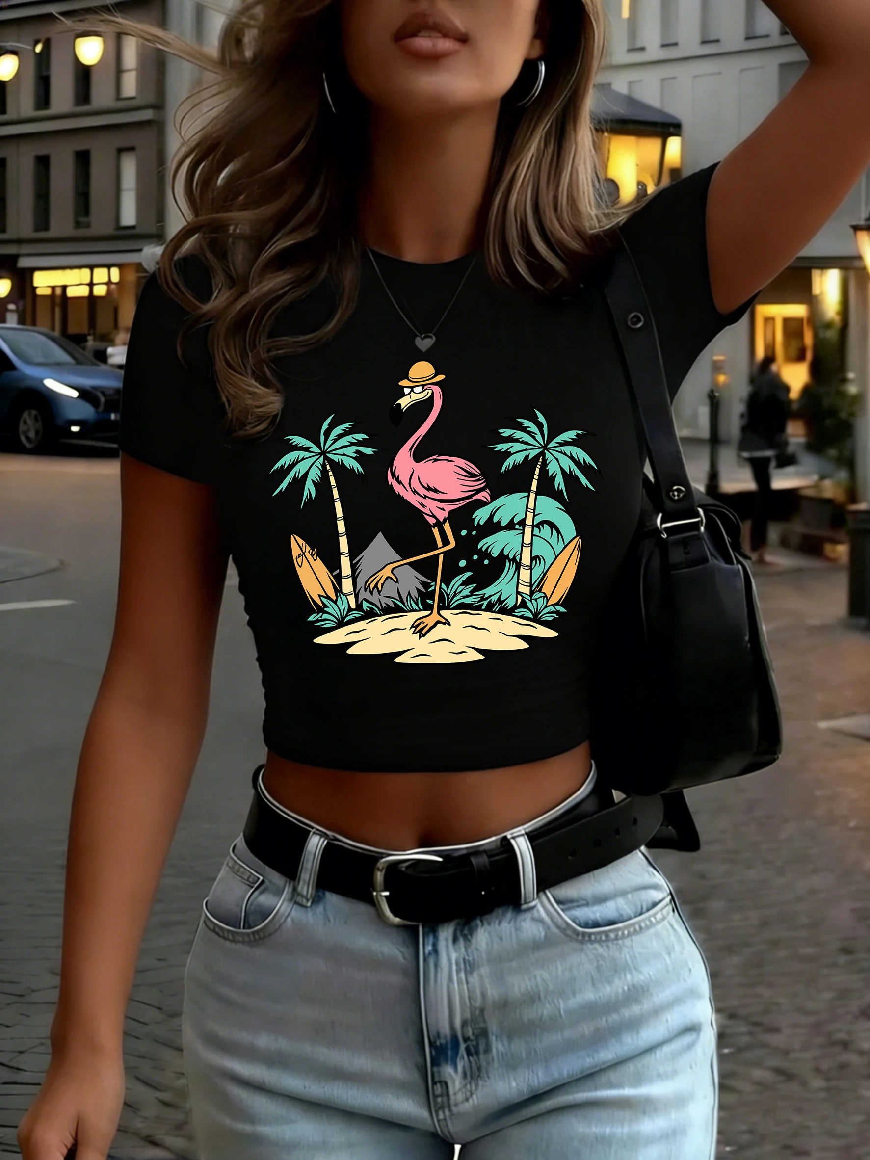 Flamingo Coconut Tree Island Surfing Design Women Crop T-Shirts Tight Crewneck Short Sleeve Cotton Top Breathable Summer T Shirt