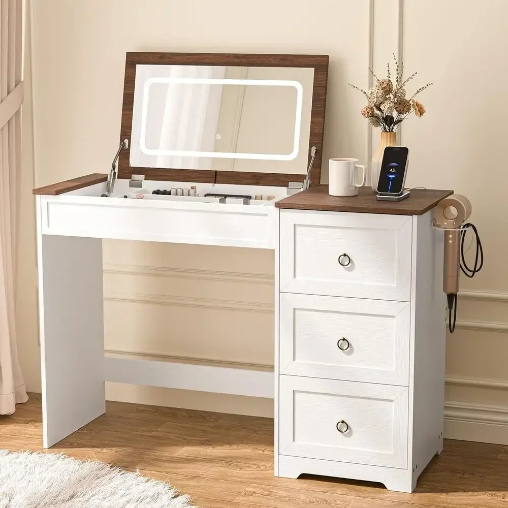 White Lip Vanity Desk with Mirror, Lights, 3D LED Lighting, Dimmable, Charging Station & Hairdryer Rack, 46 Warm House Maker Van