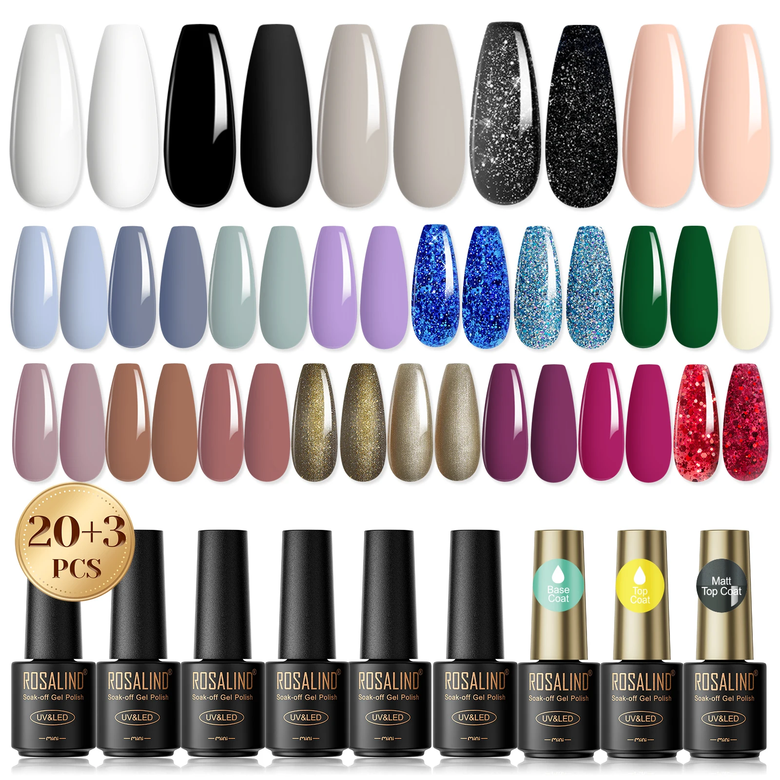 ROSALIND Shining&Classic Colors Gel Hybrid Nail Polish Semi Permanent Nail Gel Soak Off Gel Varnishes Set UV/Led Cure