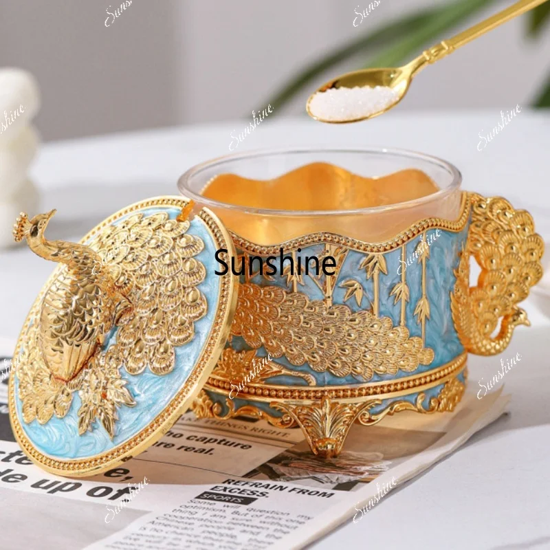 European Style Sugar Jar,Alloy With lid Peacock Shape Seasoning Container Salt Organizer,Coffee Beans Jar,Kitchen Decorative