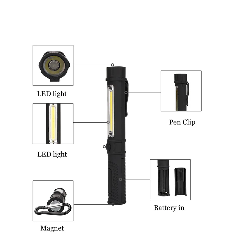 Multifunction COB LED Mini Pen Light Work Inspection LED Flashlight Torch Lamp With the Bottom Magnet and Clip AAA portableLight