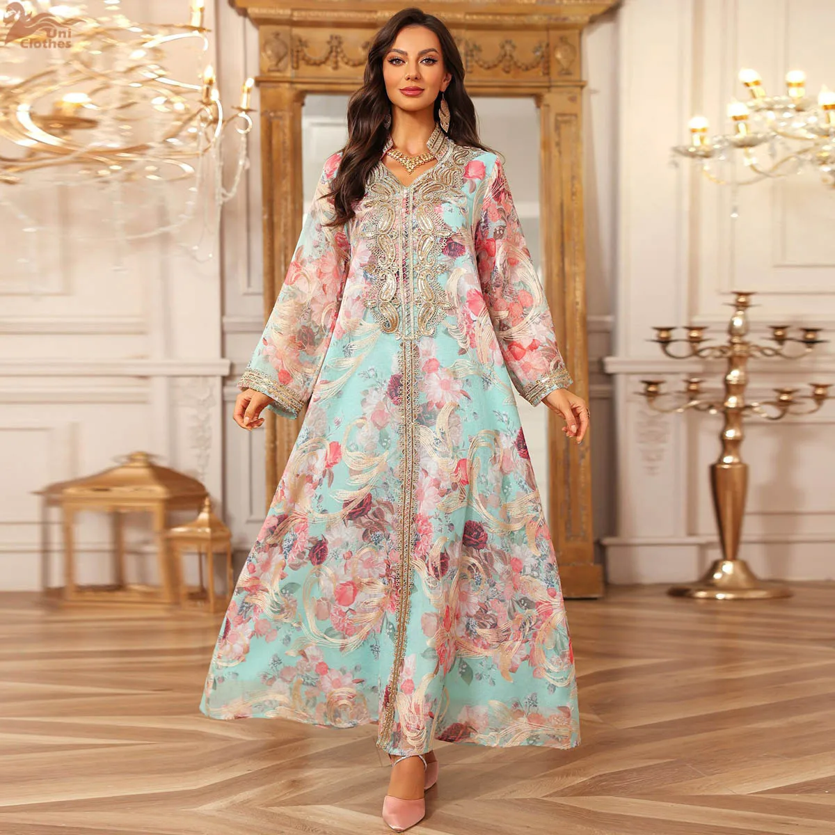 

Лето 2026, Абая, Рамадан, Дубай, элегантное мусульманское платье-кафтан с цветочным принтом, Абая, марокканская вышивка, свободные сетчатые рукава