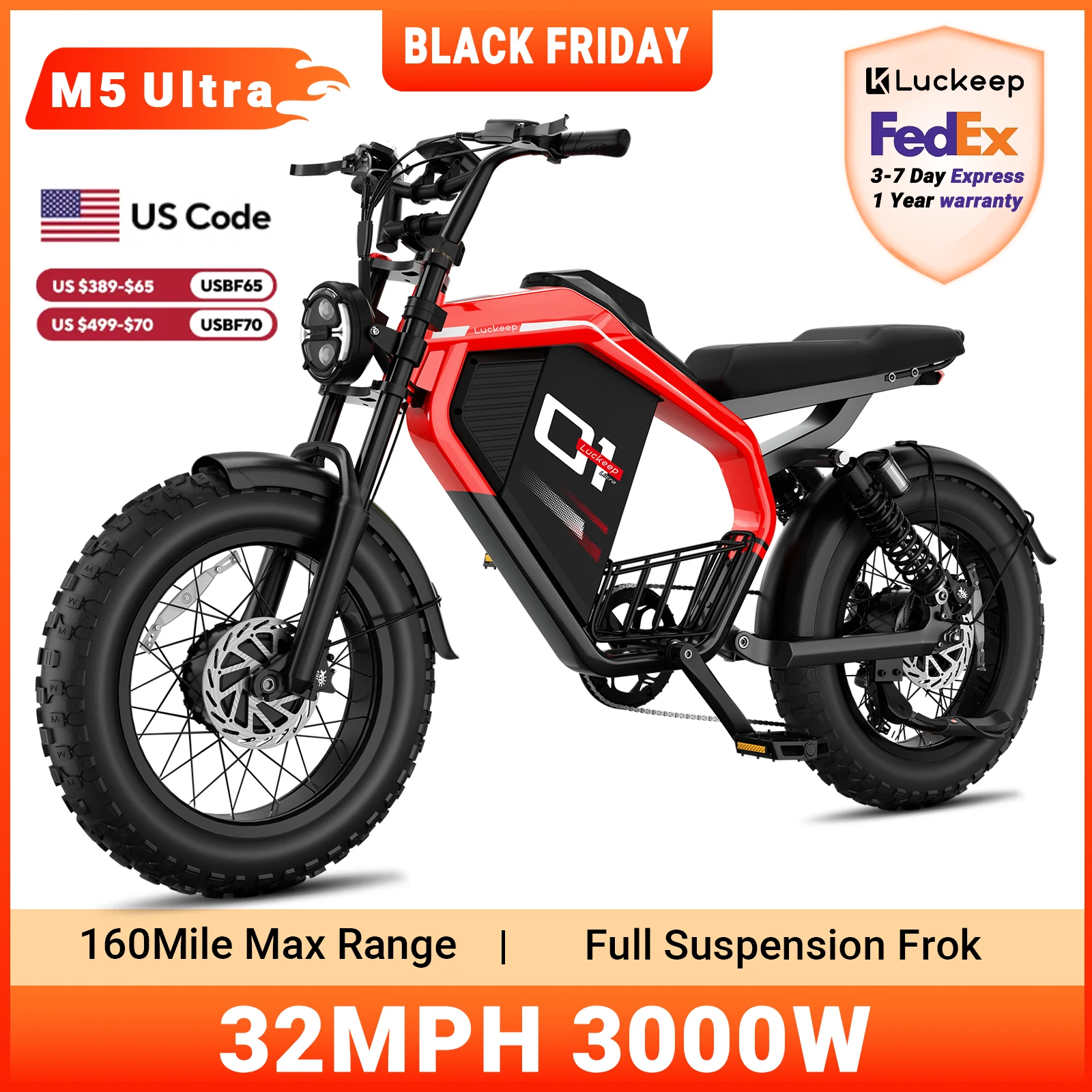 

Luckeep M5 Ultra Electric Bike for Adults/Teen, 3000W Peak Dual Motor, 52V 40Ah Dual Battery,160 Miles 32MPH