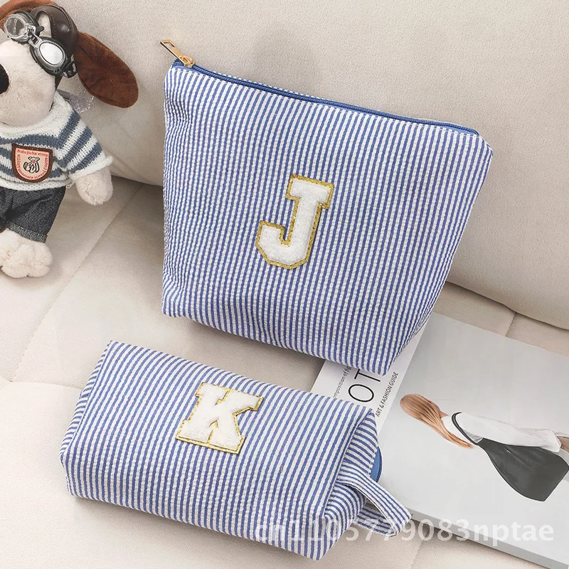 

Large Capacity Seersucker Striped Cosmetic Bag Hand Lettered Travel Toiletry Storage Suitcase Organizer by Amazon