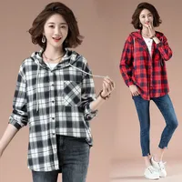 Trendy Plaid Hooded Shirt Women Loose Long Sleeve Retro Korean Style Spring Fashion New Arrival Mid-Length Top Women Trendy