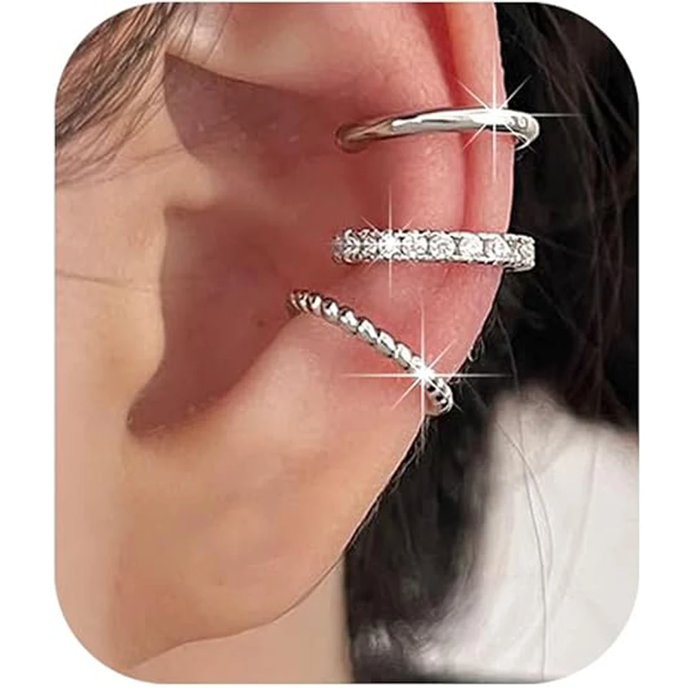 3 Stück Ohrmanschette aus 925er-Sterlingsilber, Creolen-Manschetten-Ohrring für Damen und Teenager, nicht durchdringend, hypoallergen, Zirkonia-Ohrring, Geschenke
