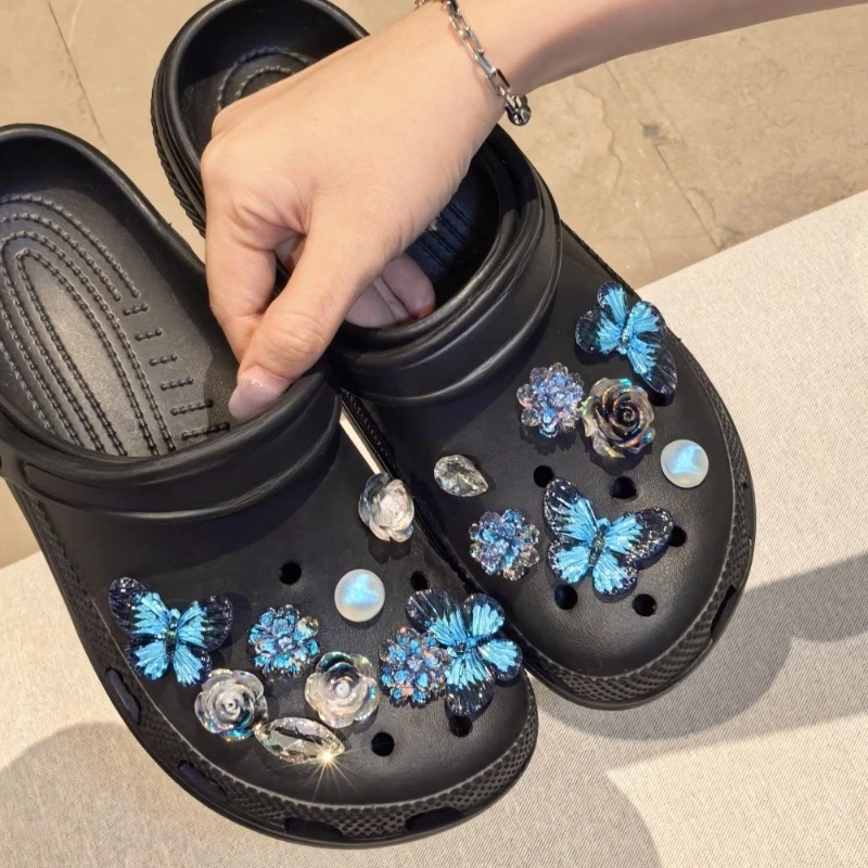 Set de 16 adornos de moda para zapatos, accesorios para calzado con orificios, ojos de gato brillantes, mariposas de diamante, decoraciones DIY para zapatos, regalo para niñas
