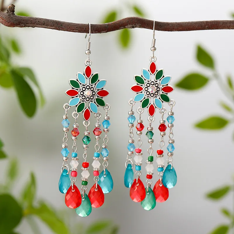Bohemian Vacation Style Water Drop Tassel Earrings for Women Vintage Long Drop Oil Flower Crystal Bead Dangle Earring Jewelry