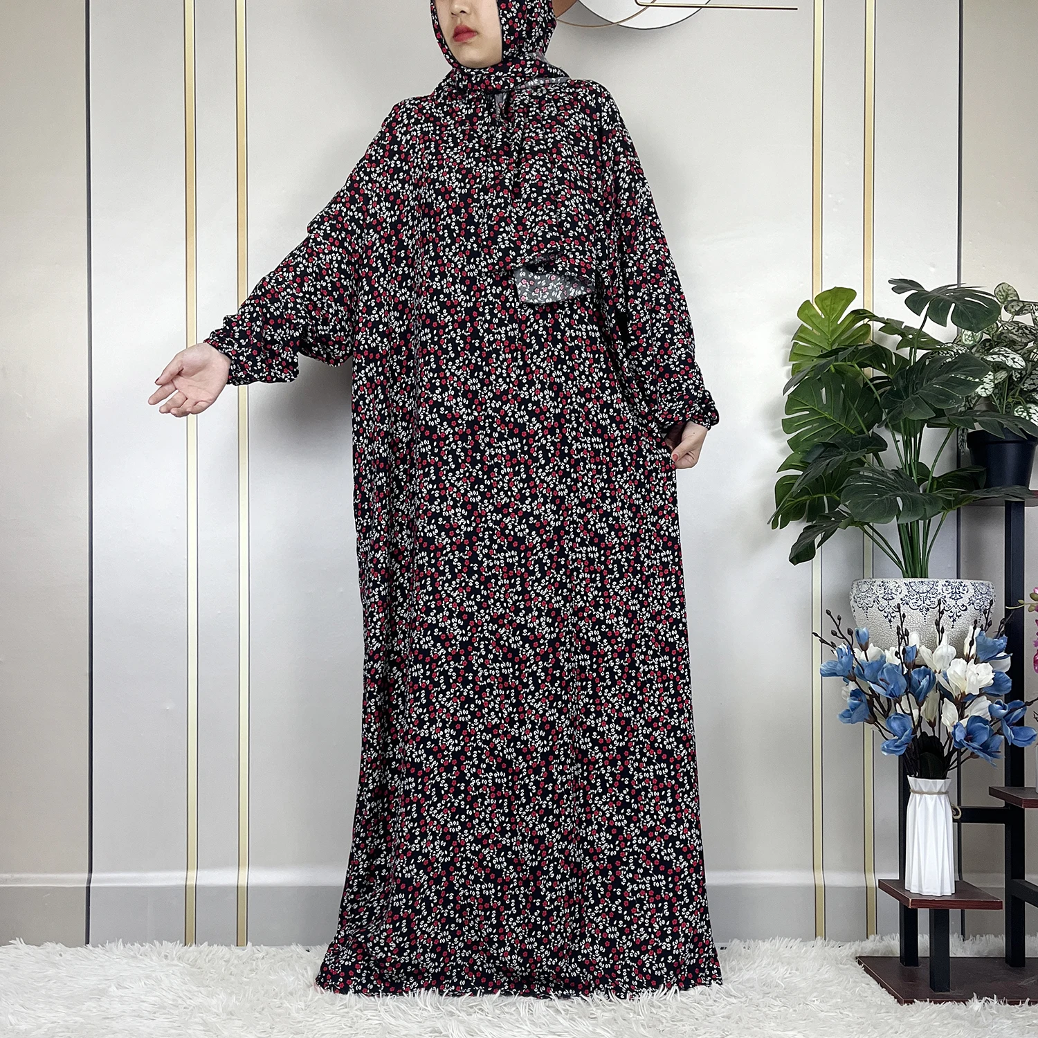 New African Abaya Long Sleeved Cotton Muslim For Women Ramadan Prayer Turkey Middle East Femme Robe Floral Loose Dress Headscarf