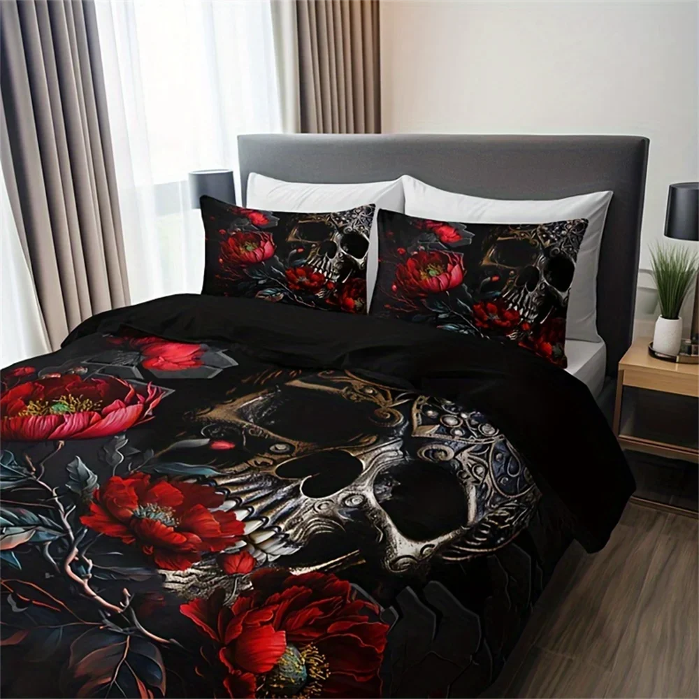 

Fashion Gothic Skull Floral Duvet Cover Set - Soft Breathable HD Printing Bedding For Home Dorm Decor - Halloween Themed, Comfor