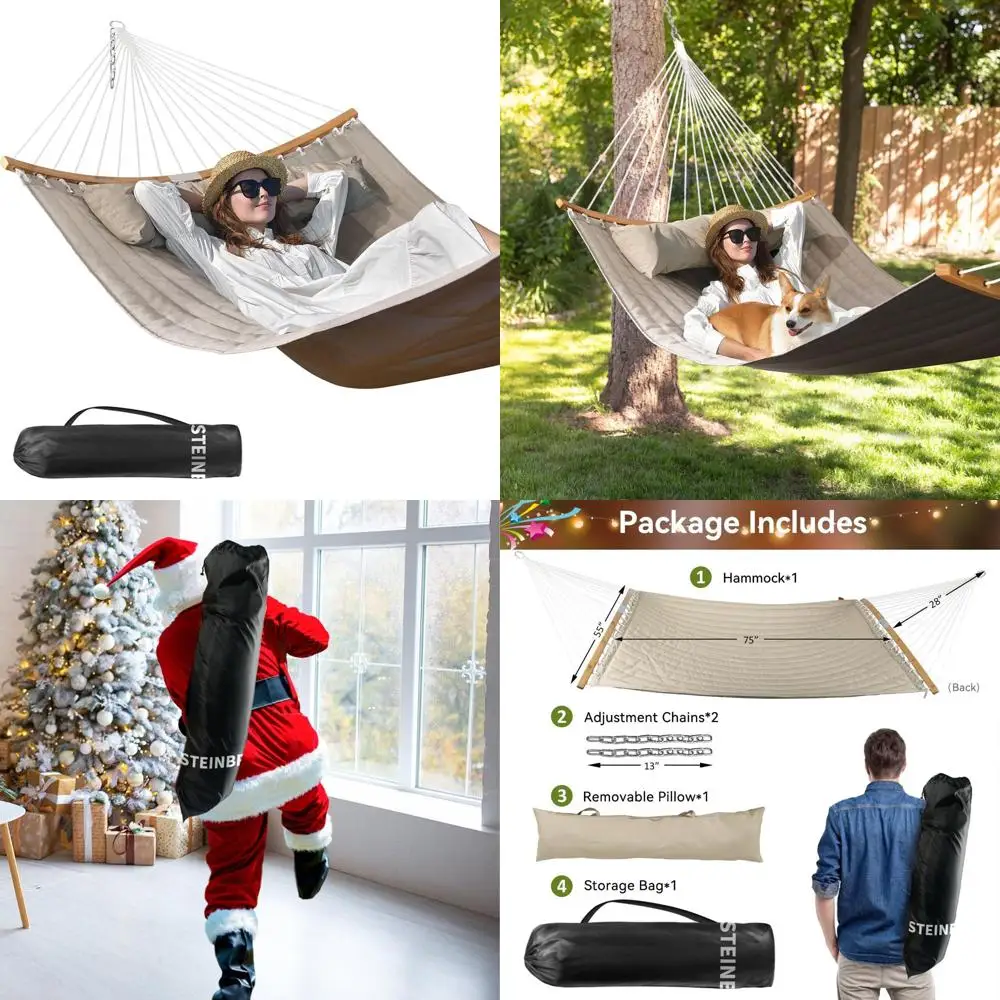 

11FT Quilted 2-Person Hammock with Pillow, Curved Bar, Chains, and Carry Bag, Suitable for Indoor and Outdoor Use, 450 lbs Capac