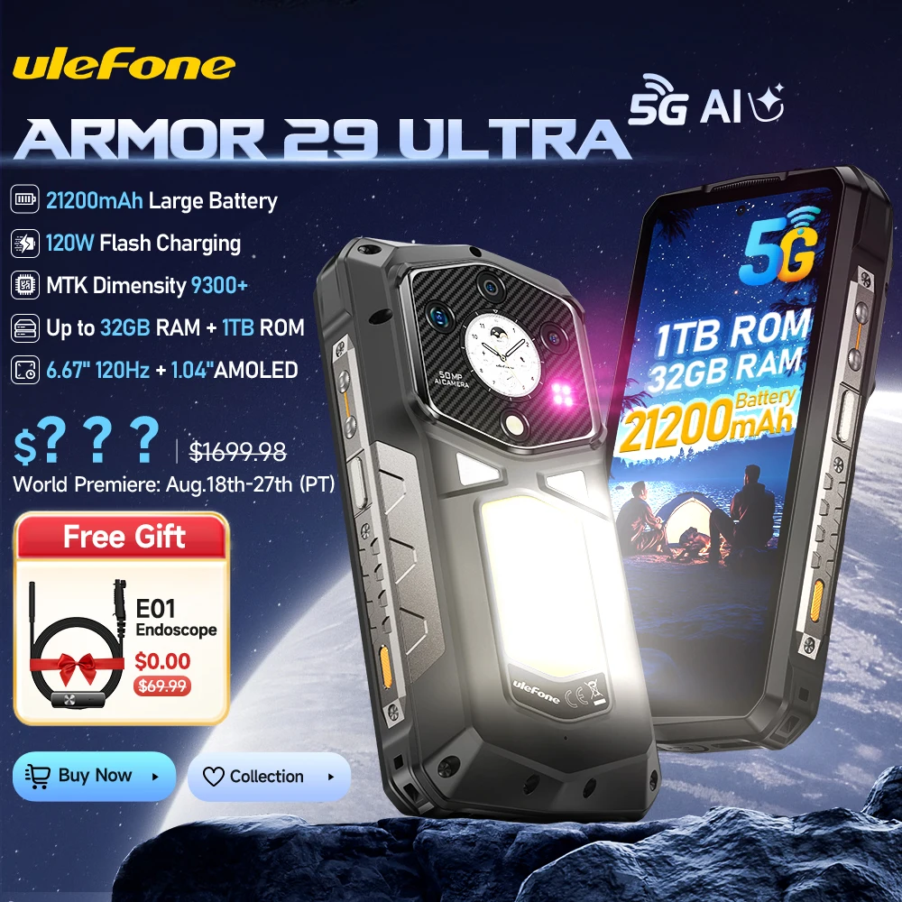 

Мировая премьера: Защищенный телефон Ulefone Armor 29 Ultra 5G. Dimensity 9300+, 21200 мАч, 120 Вт, 120 Гц 6.67-дюймовый дисплей AMOLED, 32 ГБ ОЗУ, 1 ТБ ПЗУ, 64 МП ，NFC, Android 15