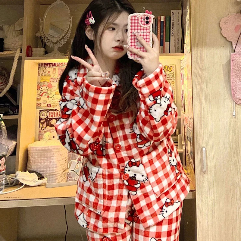 Girly Heart Hello Kittys Coral Velvet Pajamas Woman Sanrio Anime Cartoon Autumn Winter Thicken Long Sleeves Loungewear Set Gift