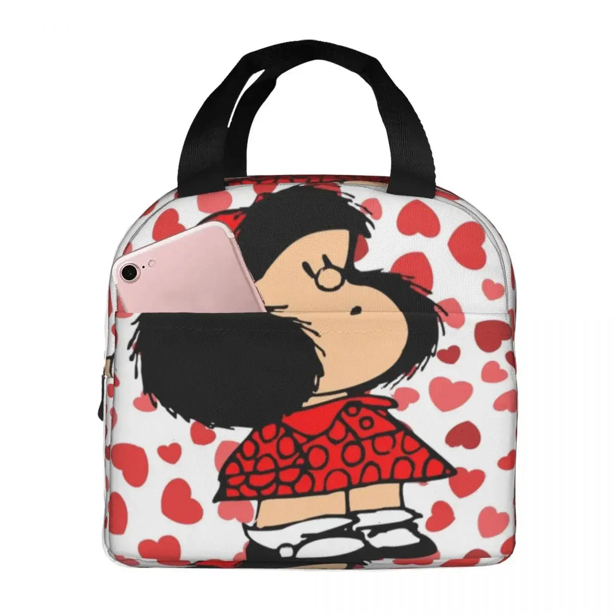 Bolsa de almuerzo con aislamiento de corazón de Mafalda para hombres y mujeres, bolsa enfriadora, contenedor de comida, caja de almuerzo de alta capacidad de dibujos animados de Amina, trabajo al aire libre