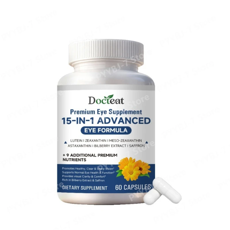 15-in-1 Eye Antioxidant Supplement Lutein Zeaxanthin Bilberry Astaxanthin Softgels, Plant-Based Nutritional Support 60 Capsules