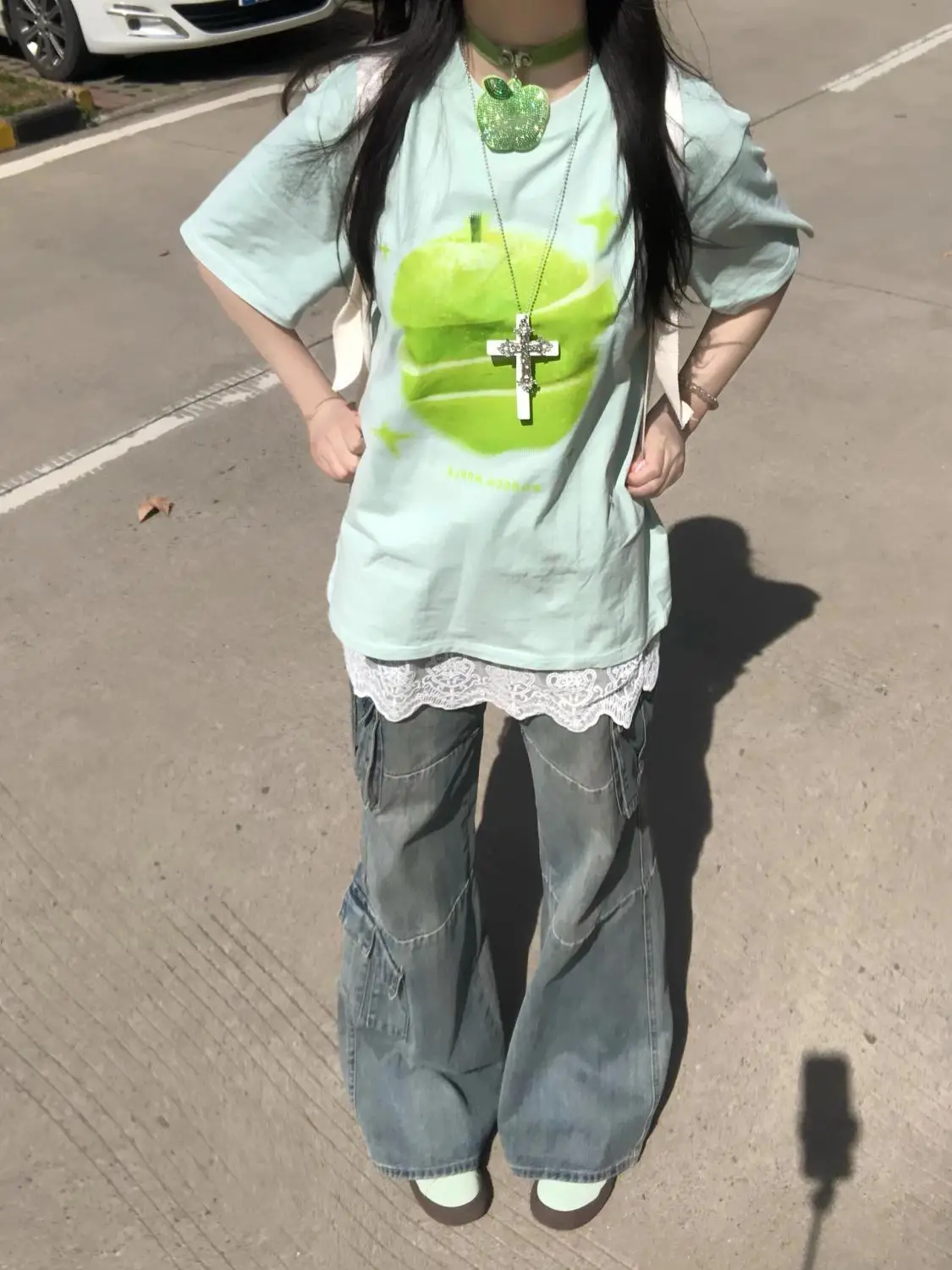 Onalippa 2025 New Korean Style Fresh Green Apple Print Round Neck Short Sleeved T-shirt Women Summer Loose Casual Top Trend view 5