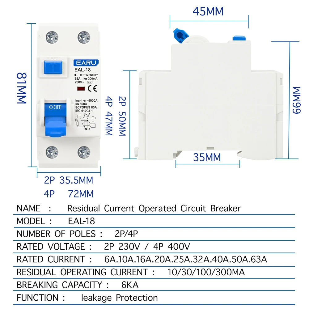 2P 4P 10/30/100/300mA Type AC RCCB RCD ELCB Electromagnetic Residual Current Circuit Breaker Differential Breaker Safety Switch