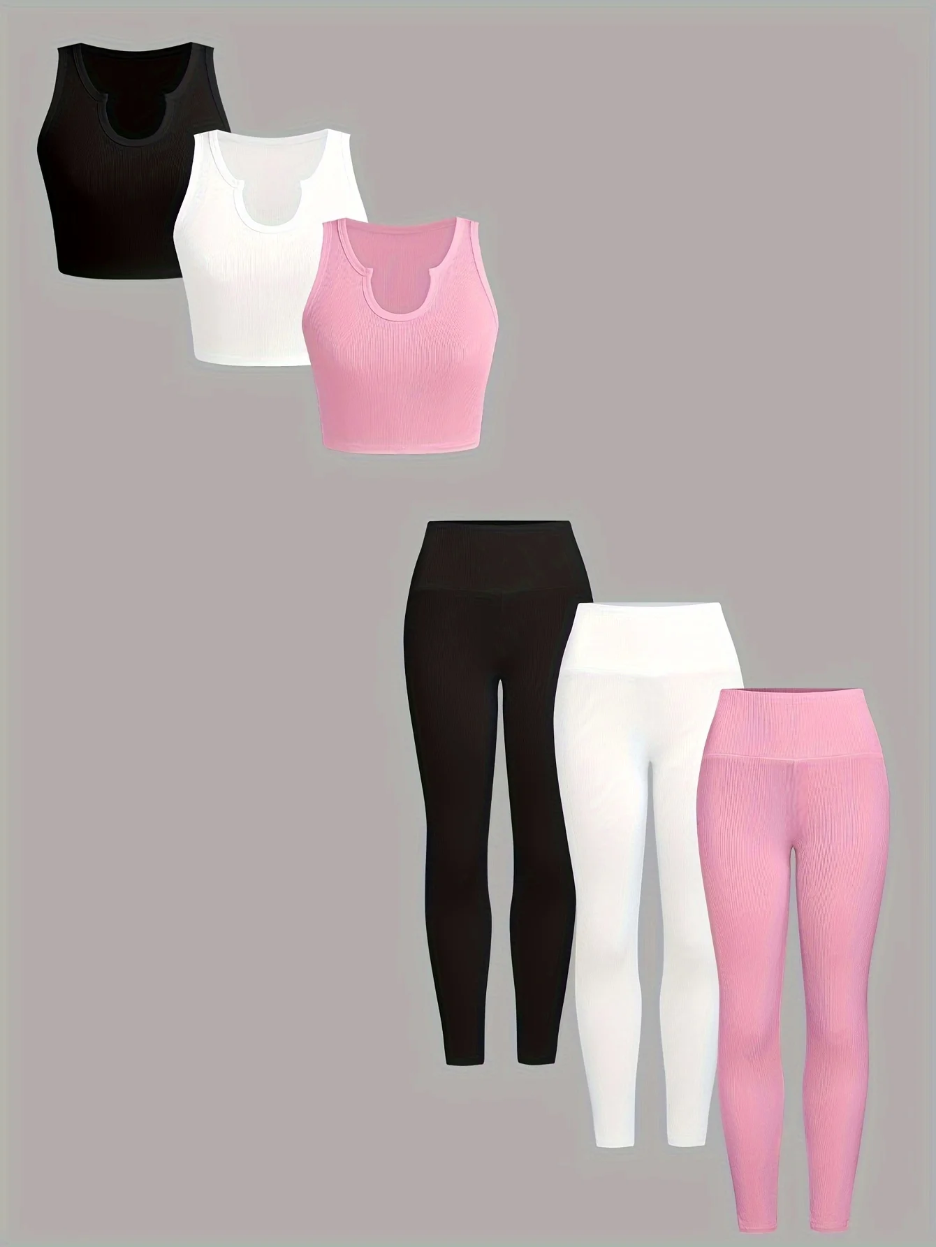 

Комплект из шести предметов повседневной женской спортивной одежды, жилета без рукавов и длинных брюк.