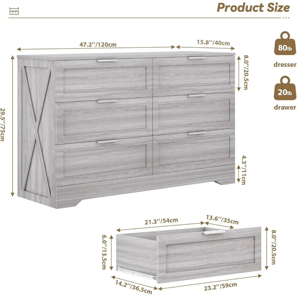 6-Drawer Dresser for Bedroom, Dressers Chest of Drawer with Large Drawers & Golden Handles, Wooden Dresser Drawers Storage Unit