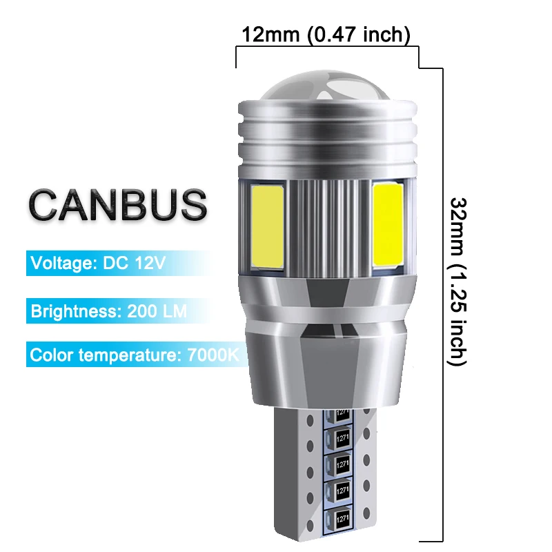 2 PCS Car LED T10 W5W 194 Signal Bulb Canbus 12V 7000K White Auto Interior Dome Door Reading Lights License Plate Trunk Lamps