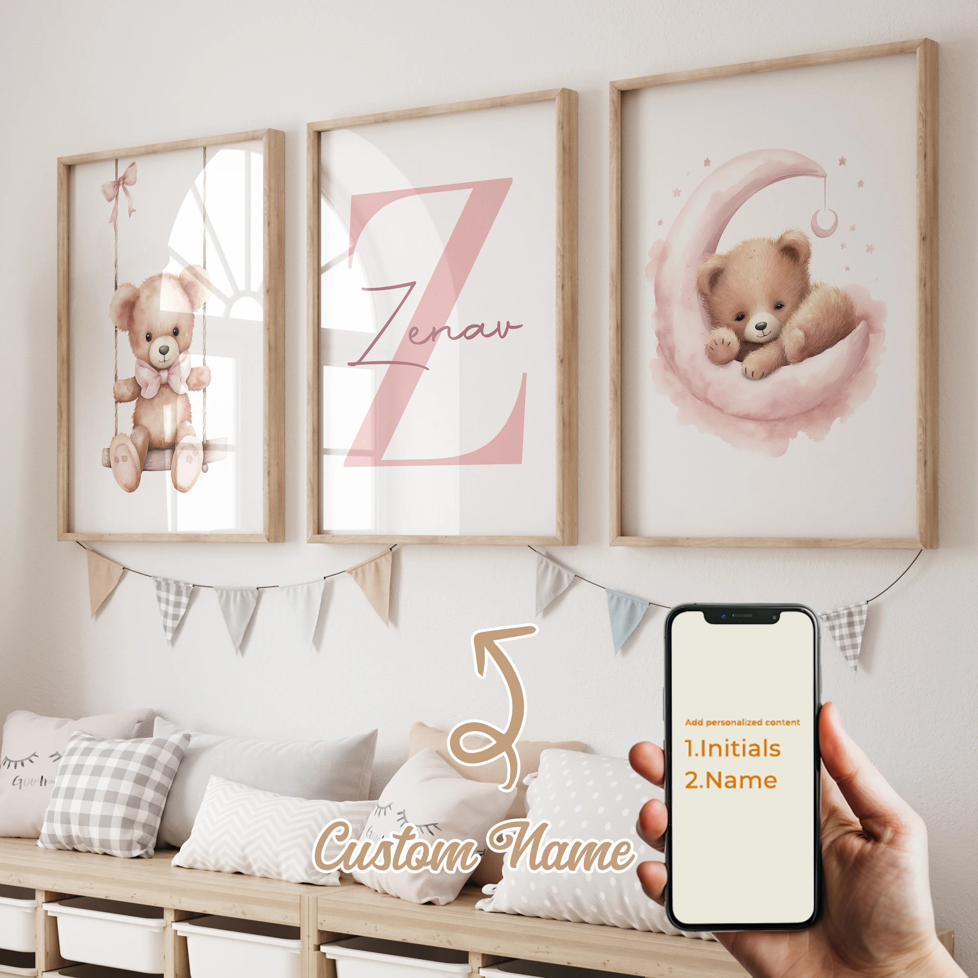 3 قطعة اسم مخصص شخصية الكرتون الوردي دمية دب جدار الفن طباعة صورة قماش المشارك اللوحة لغرفة المعيشة ديكور المنزل #3