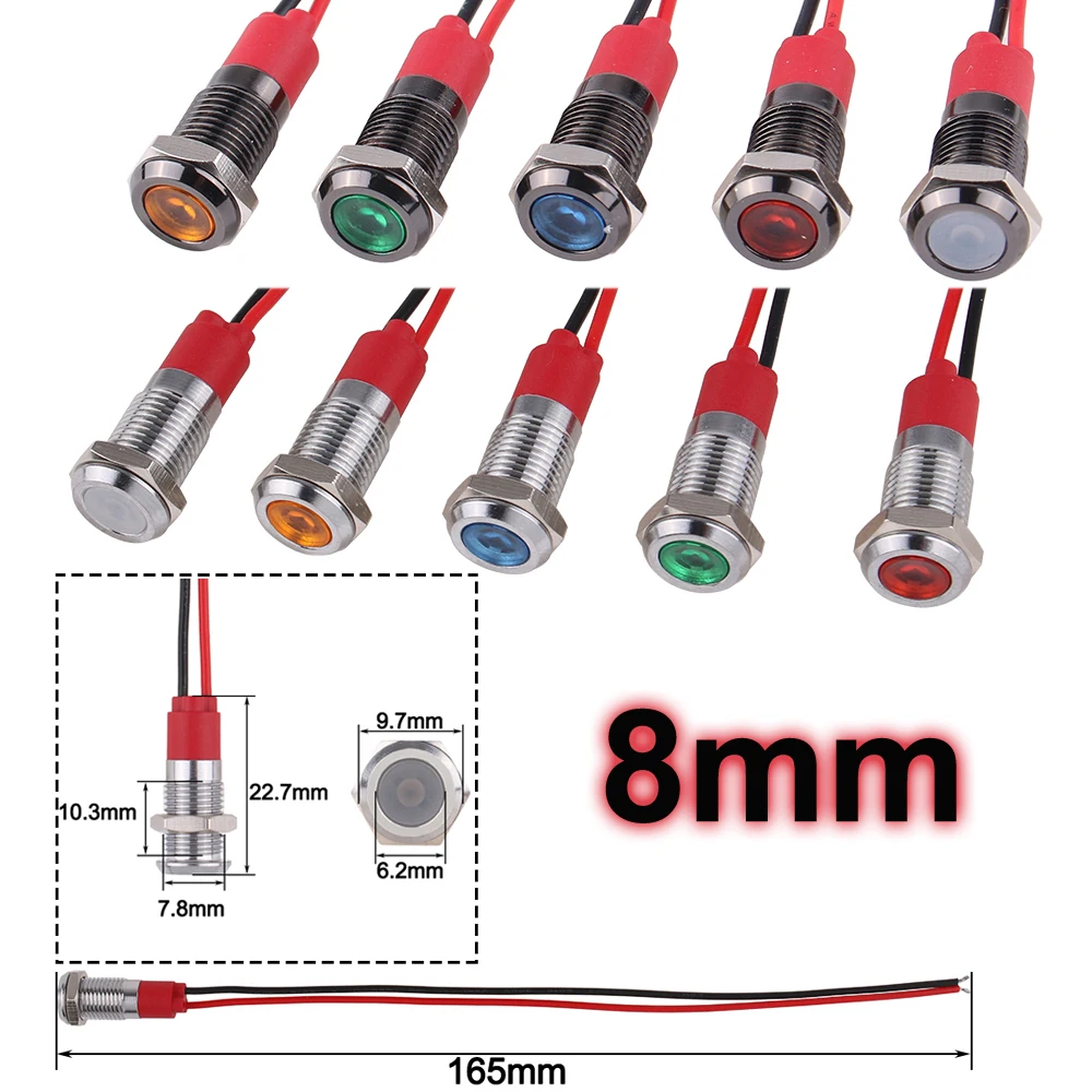 1 pz 6/8/10/12mm metallo LED spia luminosa impermeabile IP65 lampada di segnalazione Pilot 3V 5V 12V 220V ossido nero con fili rosso