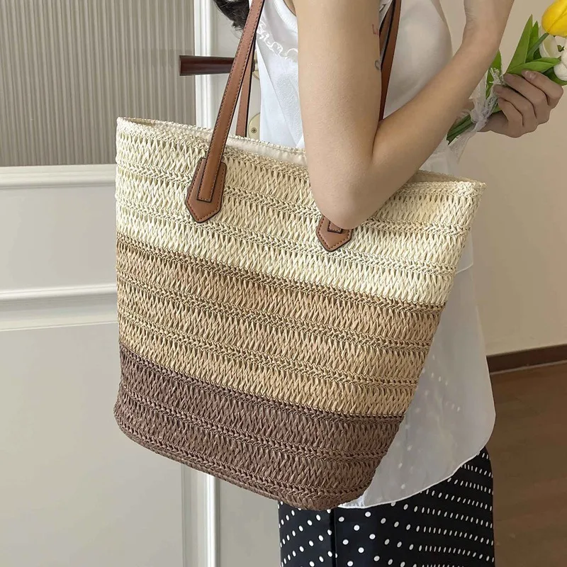 2026 new large-capacity woven bag women's spring and summer hand-woven shoulder bag seaside vacation tote bucket bag