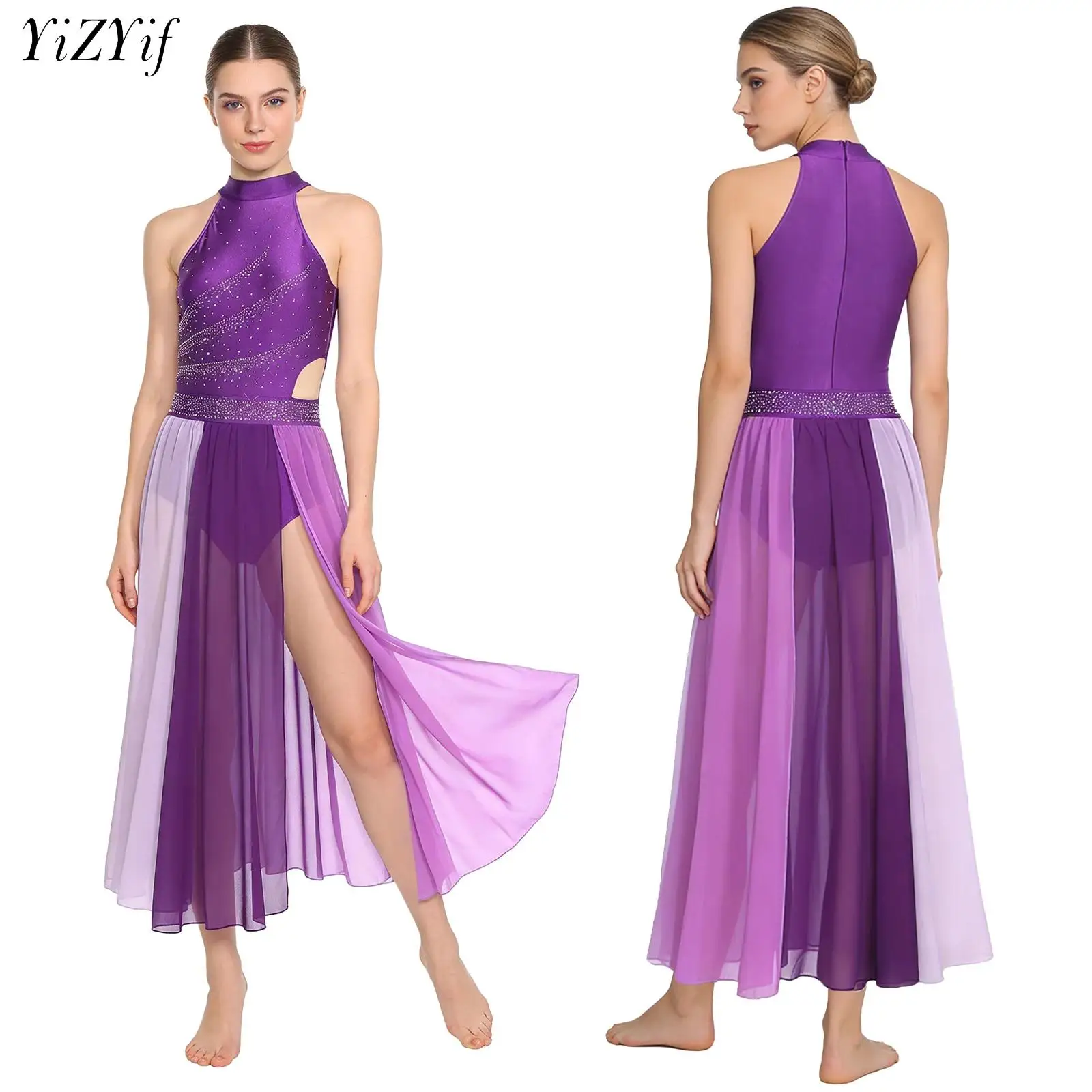 

Женское современное лирическое танцевальное платье с камнями, без рукавов, сетчатое, с разрезом, для балета, фигурного катания, гимнастики, танцевальный костюм