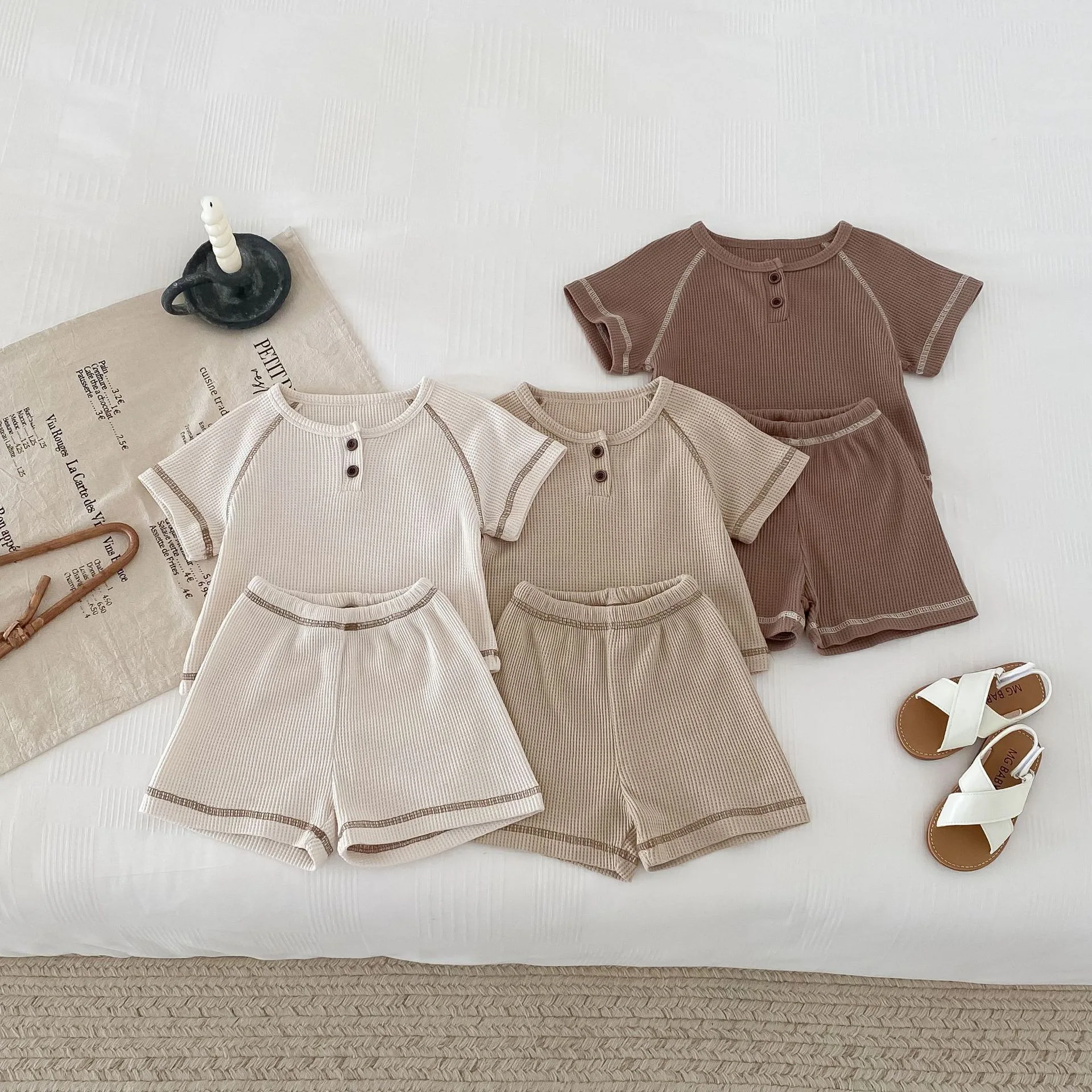 

Children Sets Summer New Korean Short Sleeved Two Pieces Summer Motion Round Collar Fashion Lovely 2024 Button Solid