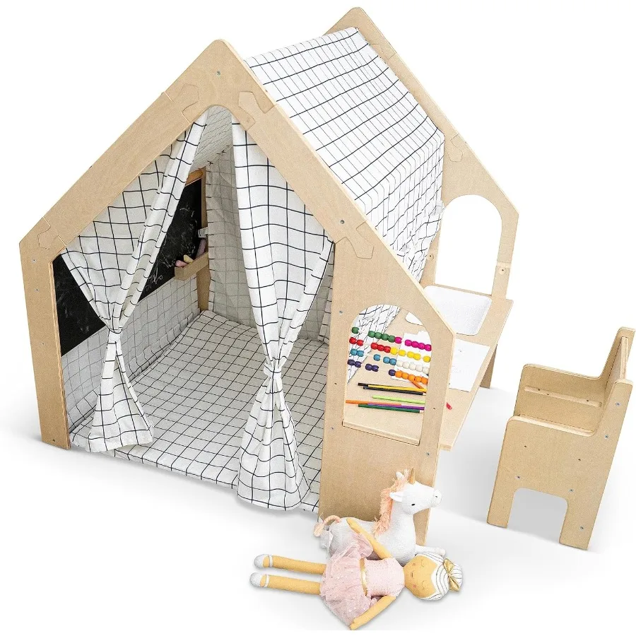 

Flair Montessori Style Wooden 5 in 1 Indoor Playhouse Play Tent with Desk Table, Chair, Chalkboard, Floor Cushion and Curtain S