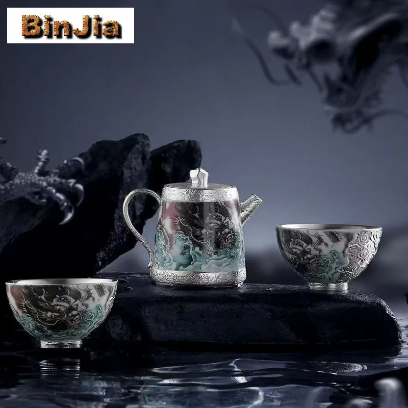 

Позолоченный серебряный чайный сервиз Dragon Dance, полный набор, роскошный набор для чайной церемонии, набор чайников и чайных чашек, оборудование для ча, украшения