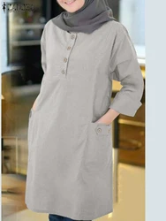 ZANZEA-Chemises longues vintage pour femmes musulmanes, chemisier décontracté à col rond, chemise à manches longues, bouton Turquie Abaya, mode automne