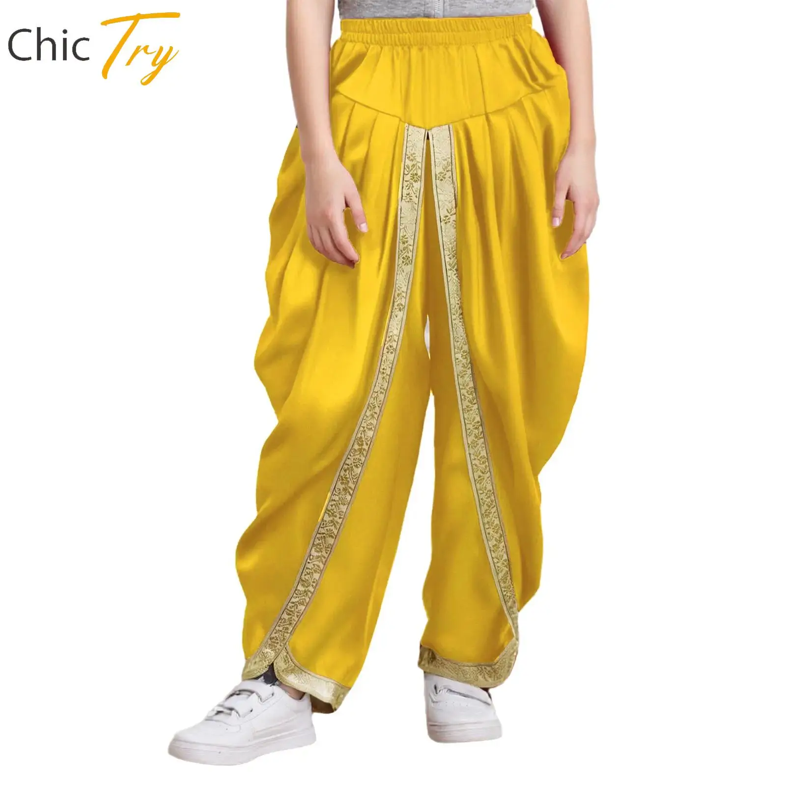 

Boys Satin Dhoti Stretchy Pants Kids Casual Elastic Waistband Draped Baggy Trousers for Halloween Theme Party Fancy Dress Ball