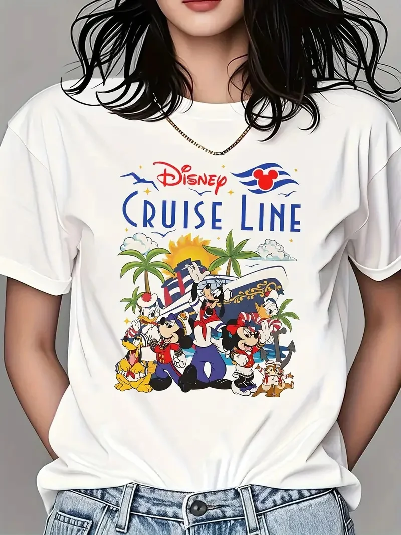 

2025 Новая футболка унисекс с принтом узоров Диснея, уличная мода, футболка с короткими рукавами из чистого хлопка и круглым вырезом
