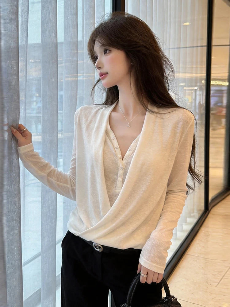 Elegant Long Sleeve V-Neck T-Shirt Draped Bottom Base Shirt Pure Desire Style Commute Two-Piece Look Girl's Fashion Summer Top