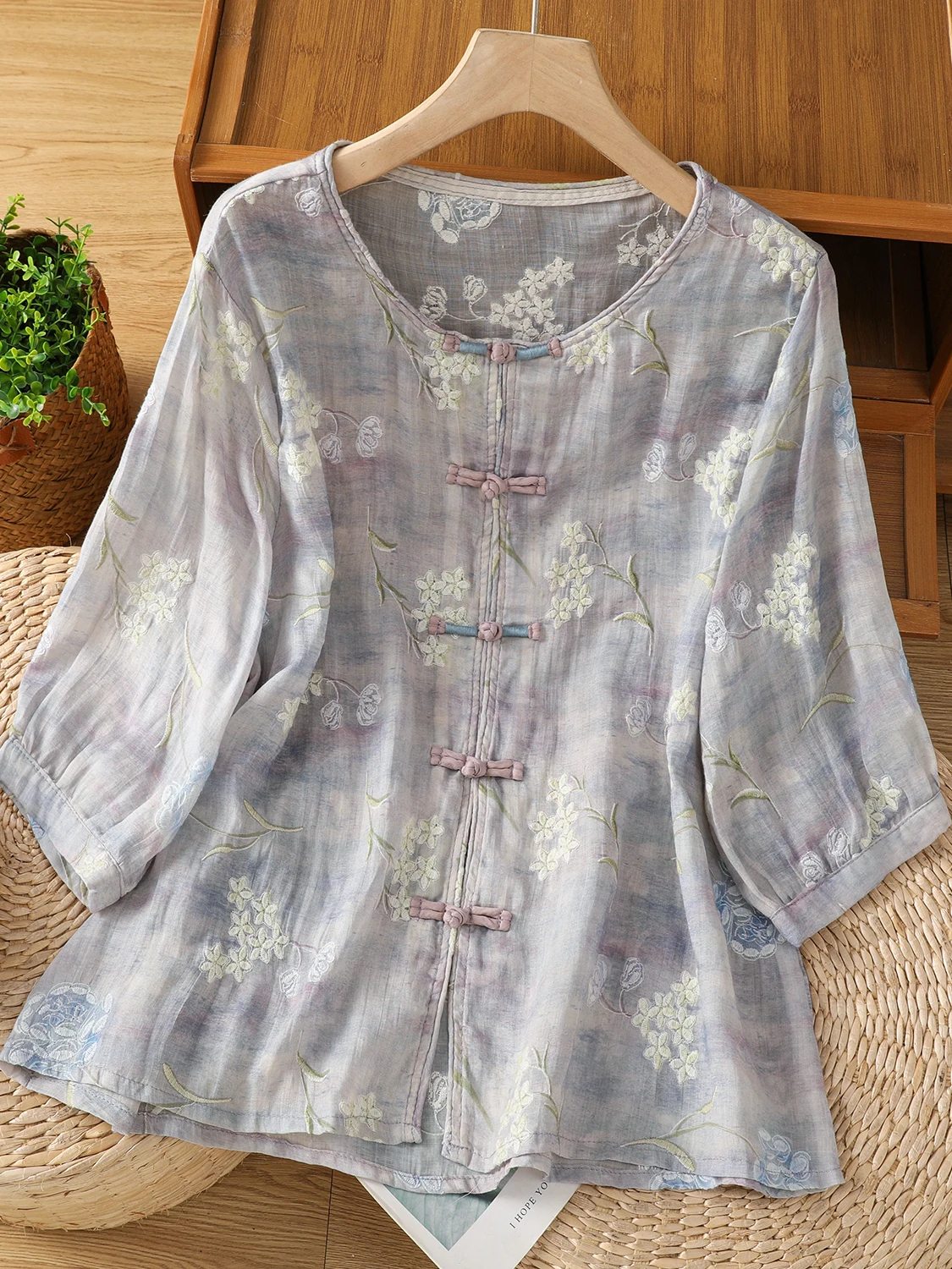 

Linen Cotton irt Lightweight Embroidered Silk Button-Up Sun Protection Open Cardigan New Chinese Sle Women's Sum...