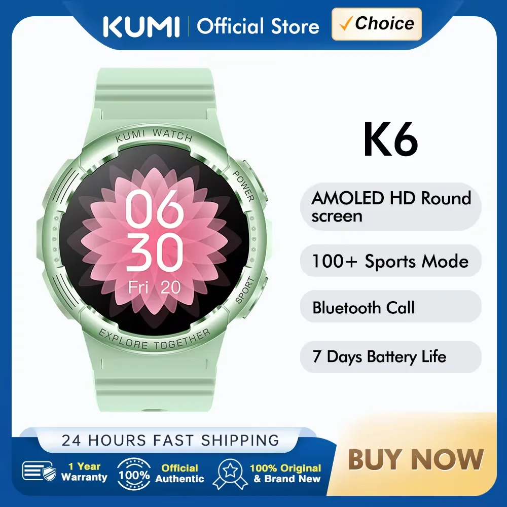 

KUMI K6 Smartwatch 1.3" Amoled Screen 100+ Exquisite Dial Bluetooth Call Sporadic Sleep Blood Oxygen Detection IP68 Waterproof