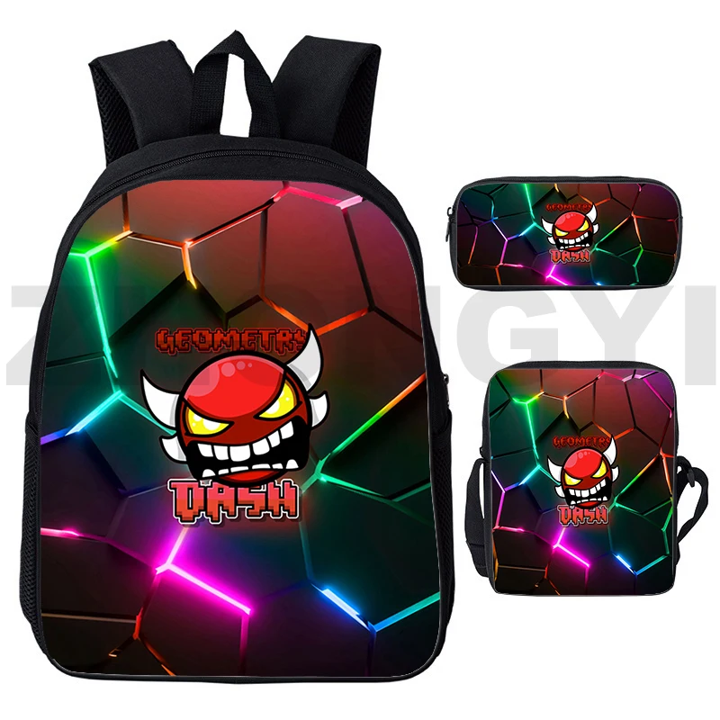 New Fashion 3 in 1 Set of Schoolbag Men Angry Geometry Dash Primary and Secondary School Students Shoulder Bag Travel Backpacks