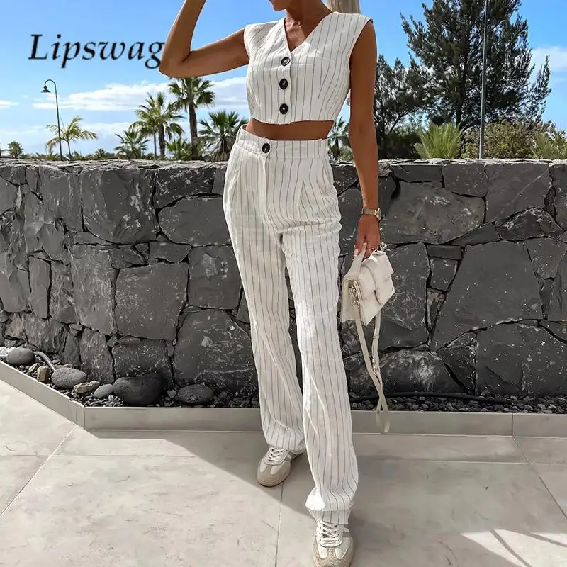 

Summer High Waist Straight Pants Two-piece Set Fashion V Neck Sleeveless Vest Top and Long Pants Suit Casual Ladies Striped Suit