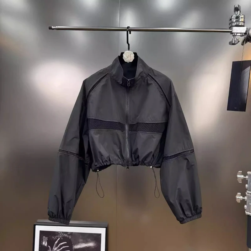 Summer 2025 Fashion Splicing Mesh Hollow Out Women's Jacket Loose Skinny Zipper Shoulder Padded Versatile Short Coats Ladies