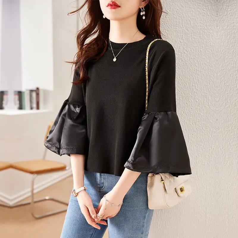 

Spring Japanese O Neck Loose Sweater Cute Top Korean Flare Sleeve Knit Shirts Striped Patchwork Pullover Women Blusas Pull Femme