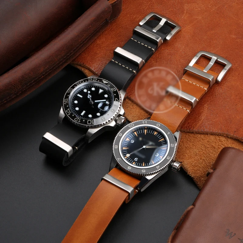 حزام ساعة رجالي من جلد البقر الأصلي بحلقات فولاذية ، حزام ساعة سيغال أوميجا ، شمع زيت شبحي مائي ، 18 ، 20 ، 22 ، 24