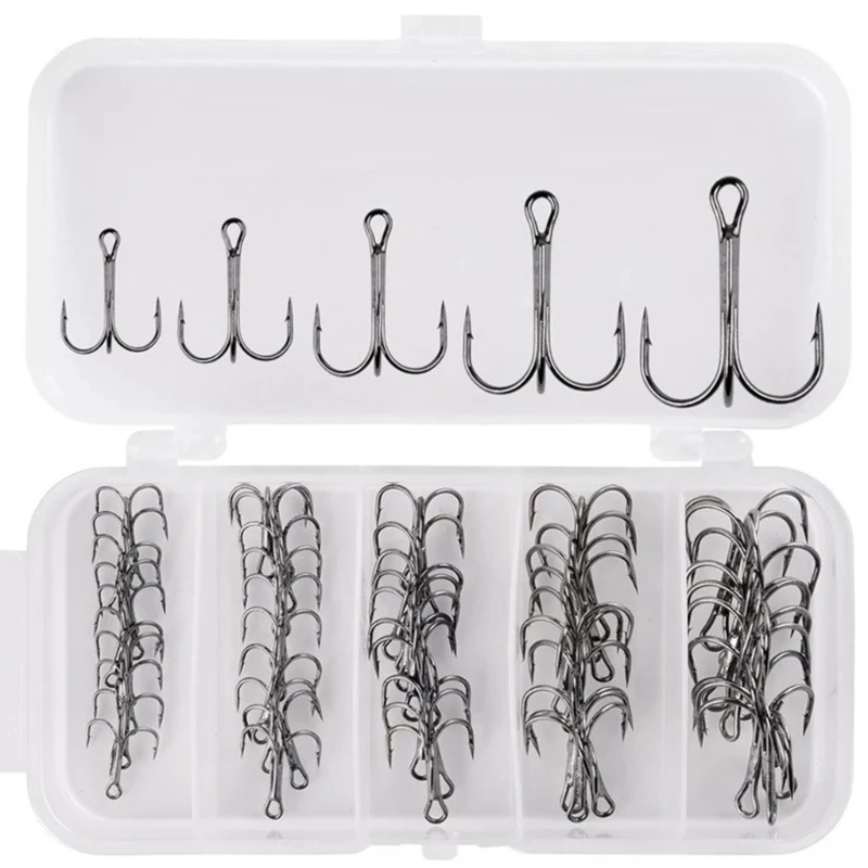 

50Pcs/box Fishing Treble Hooks Set, High Carbon Steel Hooks Sharply Round Bend Treble Hooks Strong Barbed Fishing Hooks