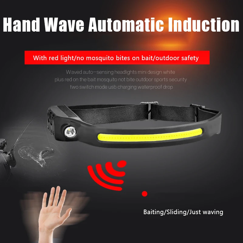 LED Multifunctional Wave Induction Rechargeable Head Lamp COB Outdoor Adventure Fishing Night Running Strong Light Head Lamp