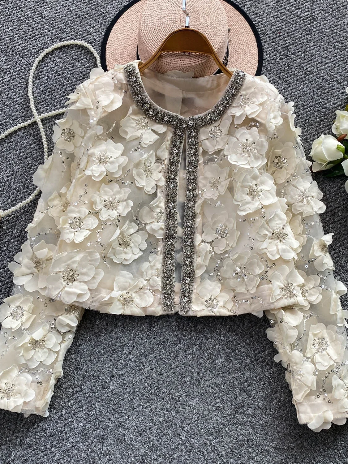 

Sequin Floral round Neck Diamond Embedded Outerwear Party Goddess Age-Defying Thin Veil Top Elegant Chic Style
