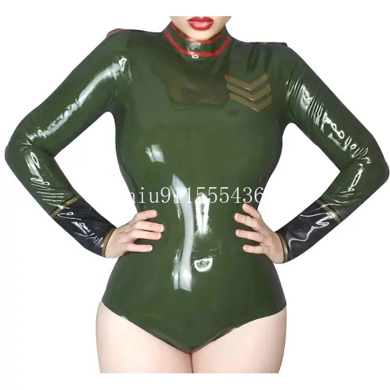 Handmade Latex Jacket Jumpsuit Army Green with Red with Back Zip Cosplay Costumes Party Club Wear for Women