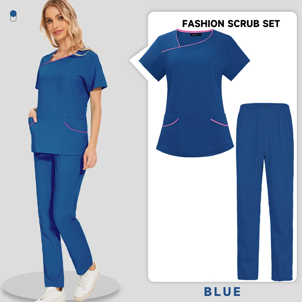 Morbido sottile moda Scrub abiti dentale ospedale uniforme tinta unita abbigliamento da lavoro medico Unisex camice chirurgico tasca Scrub Top pantaloni