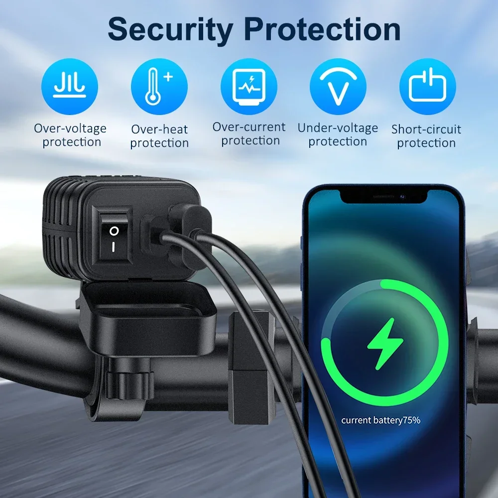 Extractme Motorcycle USB Fast Charger Waterproof Socket With Type C QC3.0 Power Outlet Moto Phone Charger with Voltmeter &Switch