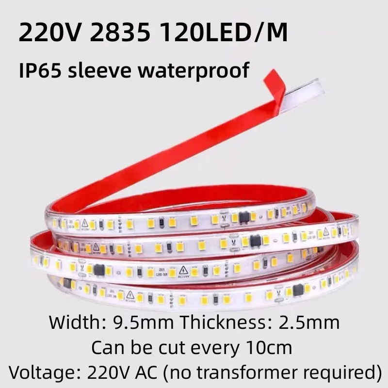 1-30M High Brightness LED Strip Light 2835 220V IP65 Waterproof Self-Adhesive Can be Cut For Kitchen Cabinet Backlight Lighting